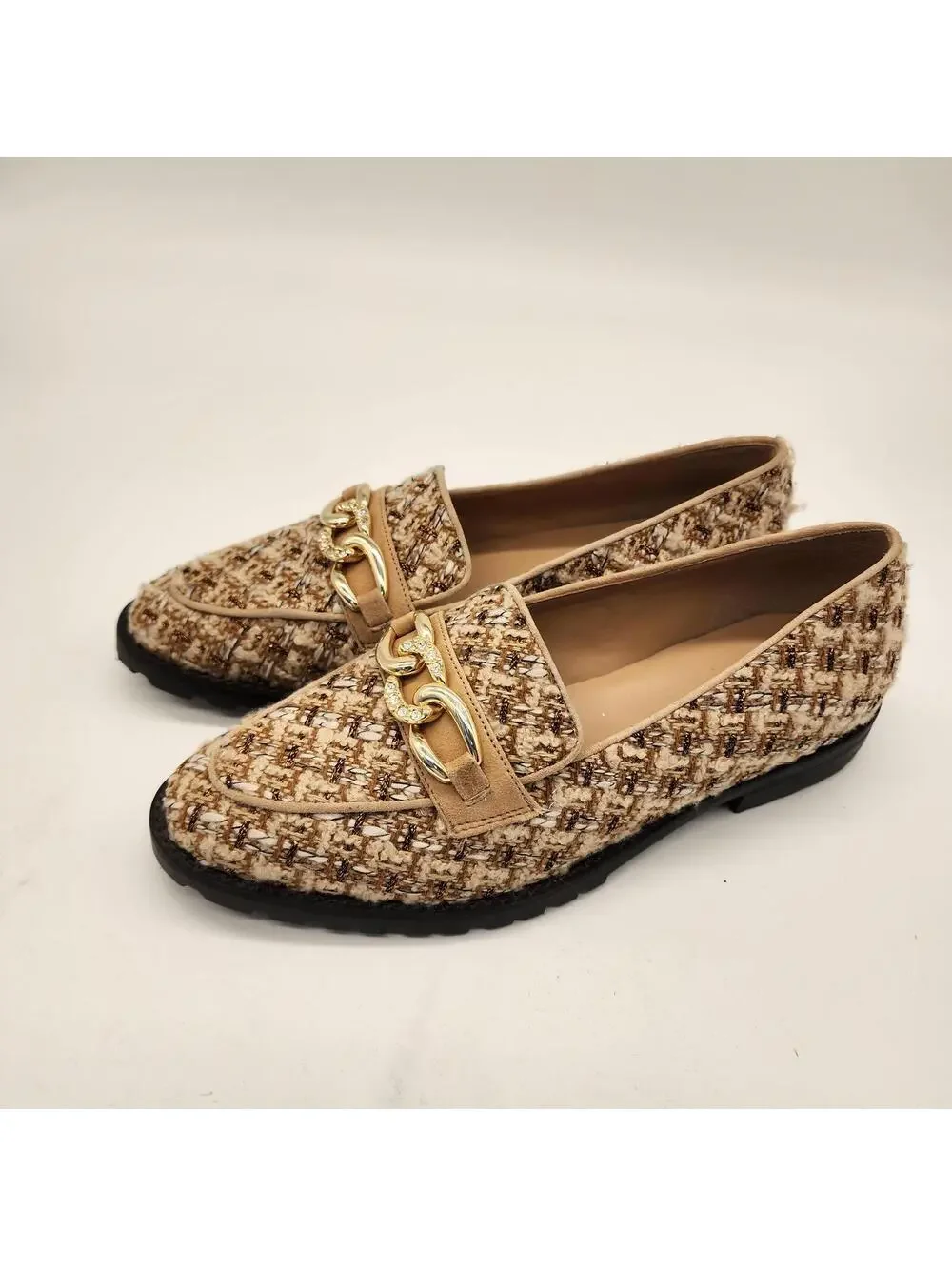 Talbots Leighton Boucle Metallic Chain Loafers Tan Gold Tweed Shoes 9.5